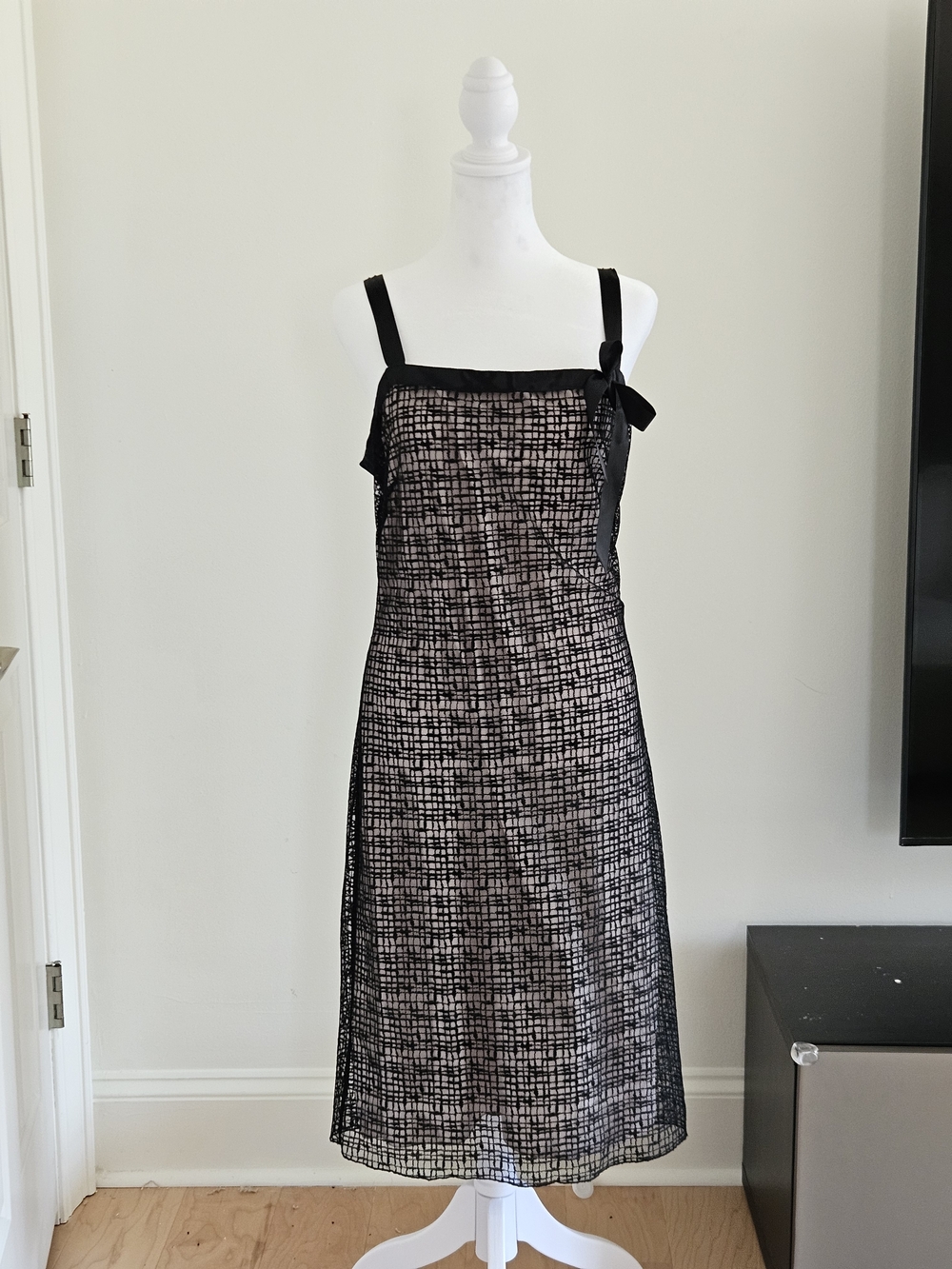 Perry Ellis Black and Cream Grid Midi Dress with Bow Accent